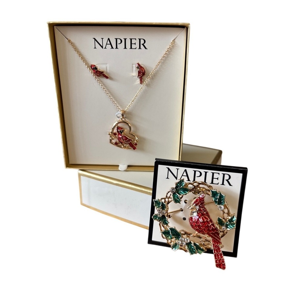 Napier Red Cardinal Heart Pendant Necklace w/Earrings & Pin Brooch Gift Set NEW